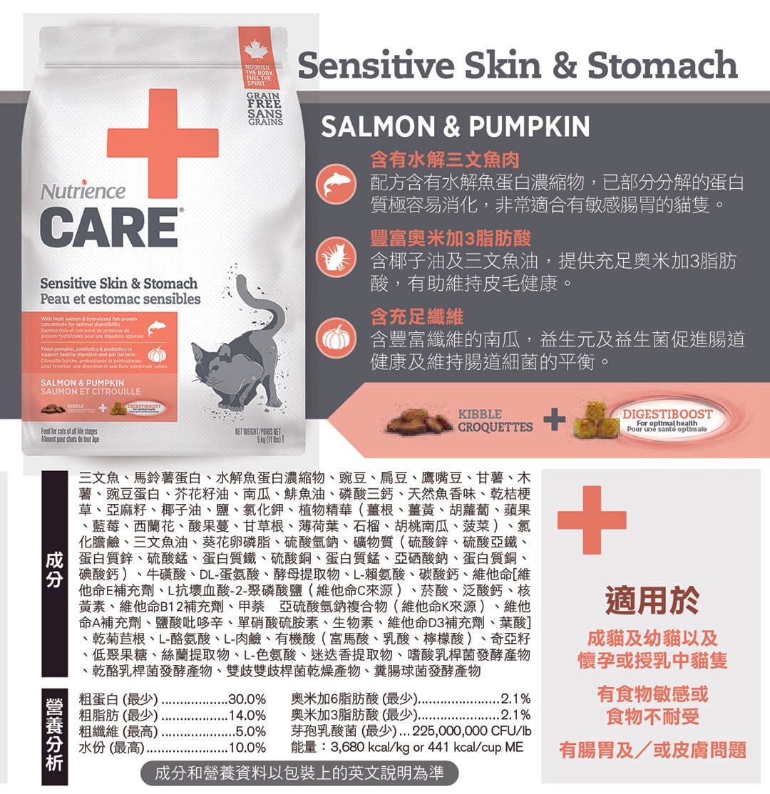 Nutrience 貓糧 《CARE》 【過敏皮膚及腸胃】 5 lb