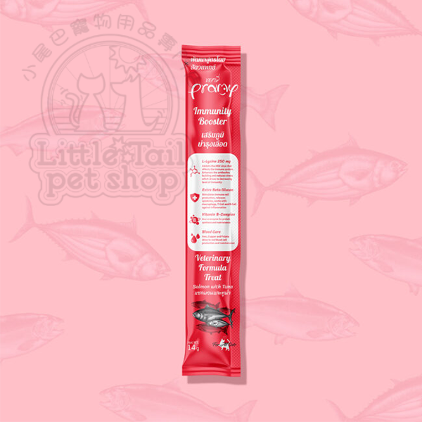 泰國 Pramy 貓小食《營養肉泥唧唧醬》 三文魚吞拿魚 - 增強免疫力(離胺酸250mg) 14gx30條/盒