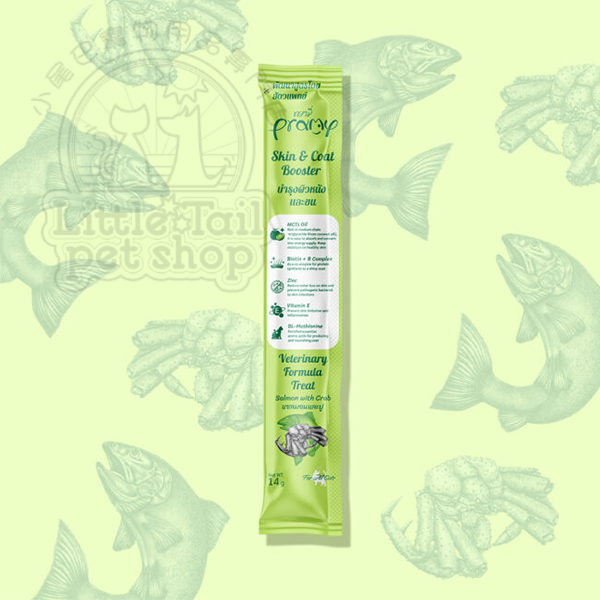 泰國 Pramy 貓小食《營養肉泥唧唧醬》 三文魚蟹肉 - 皮膚毛髮保健(椰子油) 14gx30條/盒