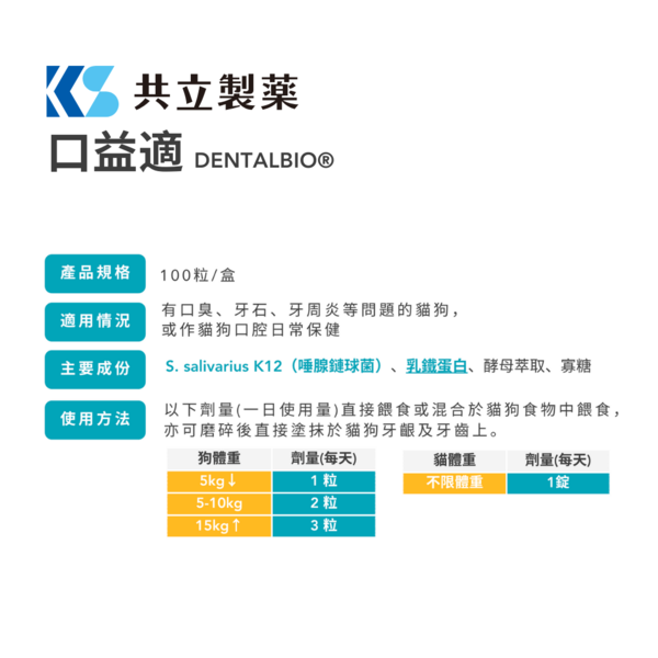 Pawsome Wellness 共立製藥 口益適 DENTALBIO 【犬貓口腔保健錠】100粒裝