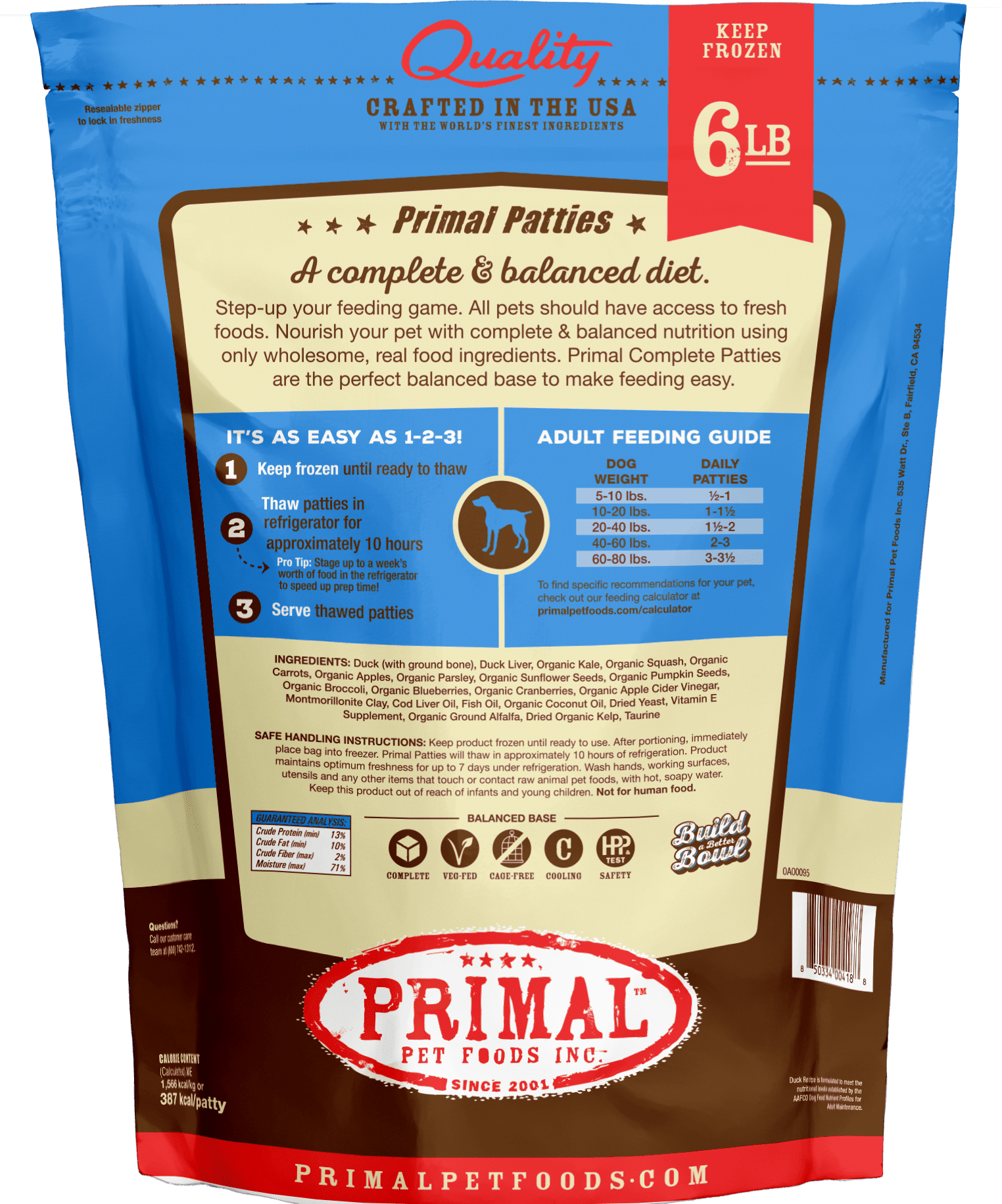 Primal 犬用 急凍鮮肉餅 鴨肉配方 6lb (🥳大量購買優惠🎉)