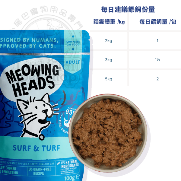 Meowing Heads 貓主食濕包 無穀物 (成貓配方) 沙甸魚+吞拿魚+雞+牛 (籃色) 100g