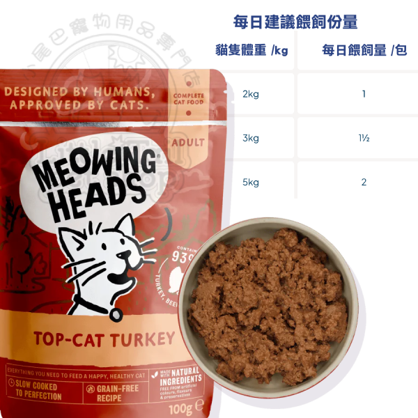 Meowing Heads 貓主食濕包 無穀物 (成貓配方) 火雞+雞+牛 (啡色) 100g