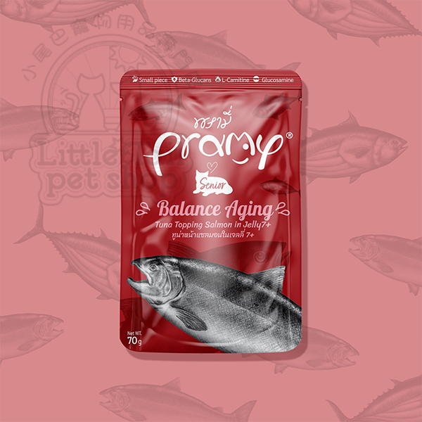 泰國 Pramy 《功能性貓濕包 - 啫喱系列》 高級白肉吞拿魚+三文魚 (高齡貓7+) - 延緩老化 70g